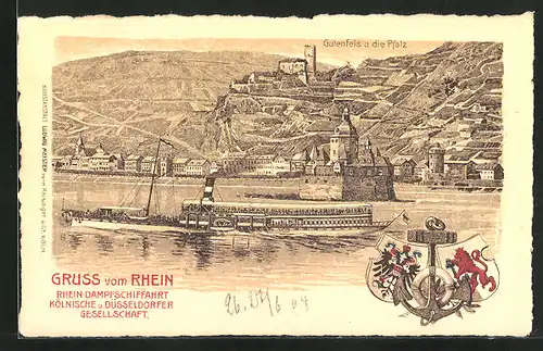 Lithographie Gutenfels und die Pfalz, Rheindampfer Elsa