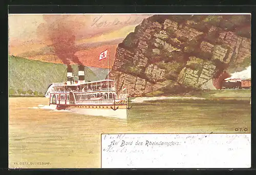 Künstler-AK Loreley, Rheindampfer