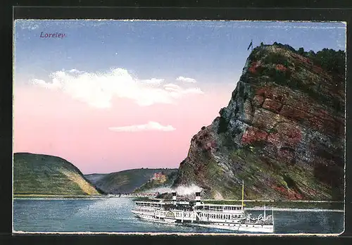 AK Rheindampfer passiert den Loreley-Felsen