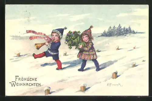 Künstler-AK Elly Frank: Kleiner Junge mit Tröte und Mädchen im Schnee, Weihnachtsgruss
