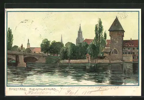 Künstler-AK Zeno Diemer: Konstanz, Rheintorturm