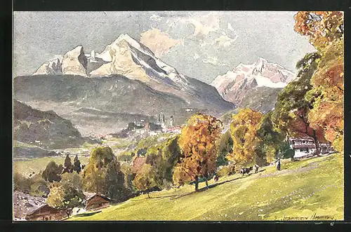 Künstler-AK Edward Harrison Compton: Berchtesgaden, Teilansicht mit Watzmann und Hochkalter