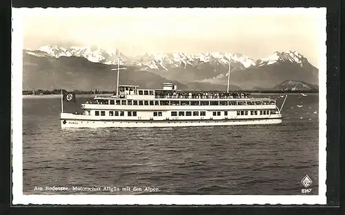 AK Motorschiff Allgäu auf dem Bodensee, Im Hintergrund die Alpen, 