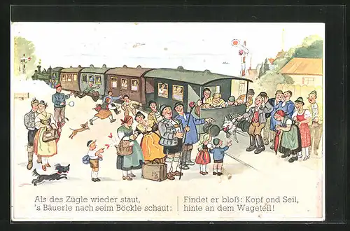 Künstler-AK Hans Boettcher: Als des Zügle wieder staut..., Menschen mit Ziege am Bahnsteig