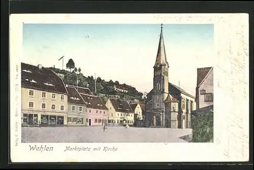 Goldfenster-AK Wehlen, Marktplatz und Kirche mit leuchtenden Fenstern