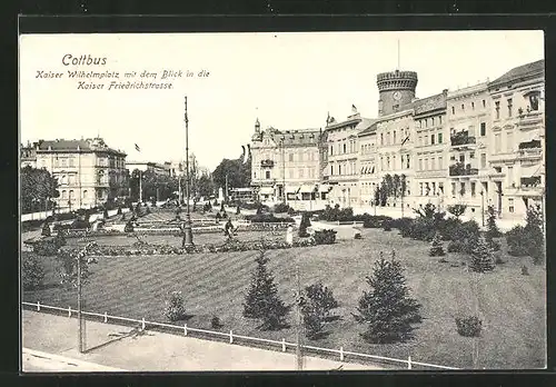 AK Cottbus, Kaiser Wilhelmplatz mit dem Blick in die Kaiser Friedrichstrasse