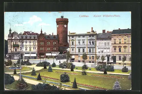 AK Cottbus, Kaiser Wilhelm-Platz mit Geschäften