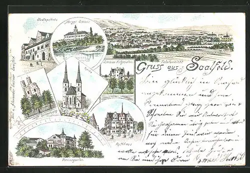 Lithographie Saalfeld, Stadtapotheke, Kirche, Sorbenburg