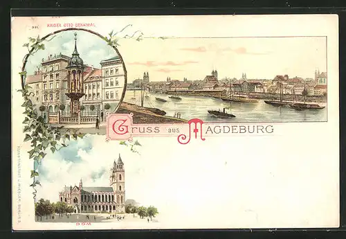 Lithographie Magdeburg, Teilansicht, Kaiser Otto Denkmal, Dom