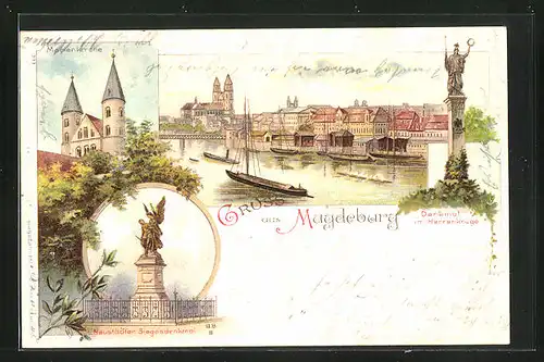 Lithographie Magdeburg, Marienkirche, Neustädter Siegesdekmal, Denkmal im Herrenkruge