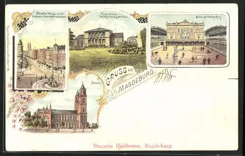 Lithographie Magdeburg, Friedrich-Wilhelmsgarten, Hauptbahnhof, Dom