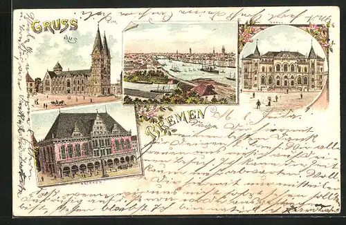 Lithographie Bremen, Börse, Rathaus, Dom