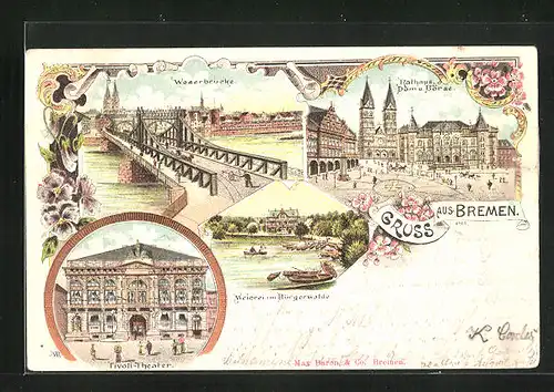 Lithographie Bremen, Meierei im Bürgerwalde, Rathaus mit Dom und Börse, Weserbrücke