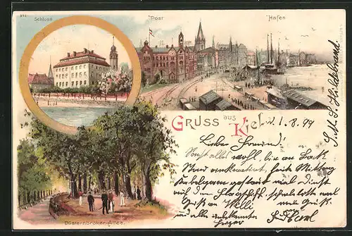 Lithographie Kiel, Strassenpartie mit Post und Hafen, Schloss, Düsternbroker-Allee