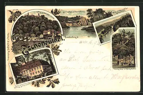 Lithographie Frankenberg, Schloss Lichtenwalde, Blick zum Harrasfelsen ins Zschopauthal, Harras-Eiche & Harras-Denkmal