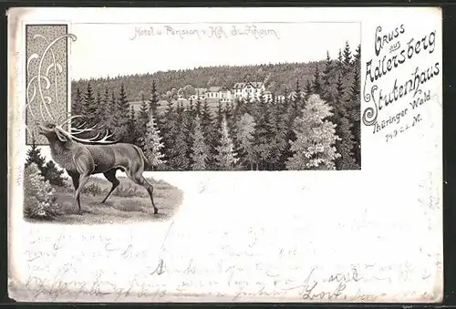 Lithographie Vesser, Hotel und Pension Stutenhaus am Adlersberg, Röhrender Hirsch