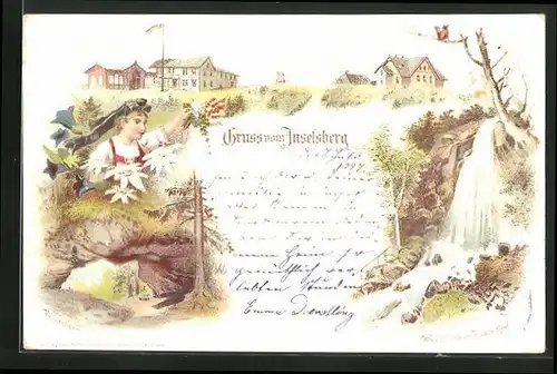 Lithographie Inselsberg, Hotels auf dem Gipfel, Wasserfall im Trusenthal