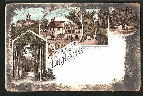 Lithographie Eisenach, Restaurant zur Hohen Sonne, Wartburg, Drachenschlucht