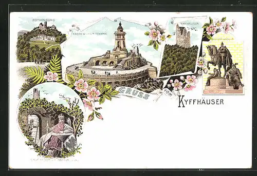 Lithographie Kyffhäuser, Kaiser-Wilhelm-Denkmal, Rothenburg