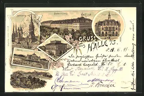 Lithographie Halle /Saale, Bahnhof, Franke-Stiftung, Universität