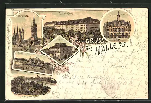 Lithographie Halle /Saale, Bahnhof, Franke-Stiftung, Universität, Marktplatz