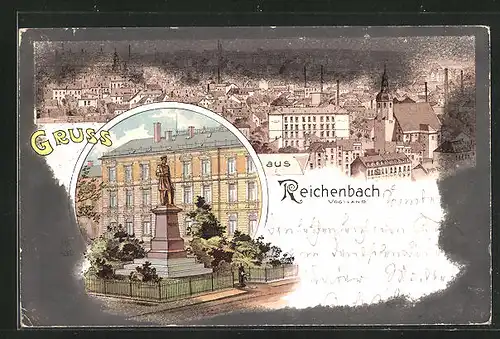 Lithographie Reichenbach /Vogtland, Moltke-Denkmal, Blick über die Dächer der Stadt