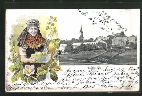 AK Schöneck i. V., Teilansicht mit Kirche, Vogtländerin mit Klössen