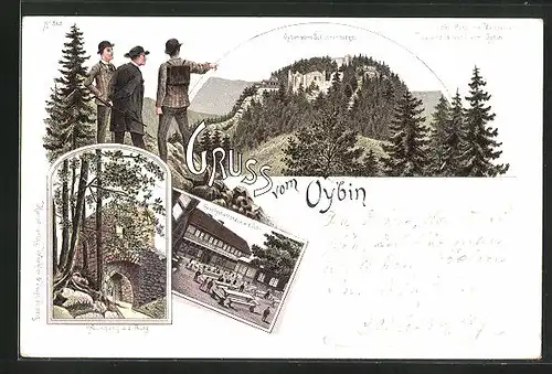 Lithographie Oybin, Gasthaus Gesellschaftsplatz, Ausblick vom Schuppenberge