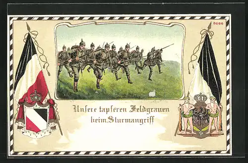 Künstler-AK Bruno Bürger & Ottillie Nr. 8666: Soldaten in Feldgrau beim Sturmangriff