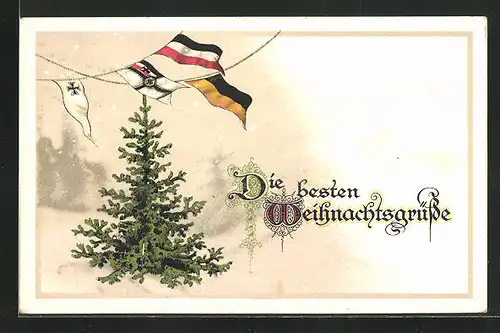 AK Weihnachtsgruss mit Tannenbaum und Fahnen