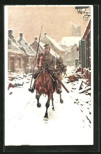 Künstler-AK Kavalleristen auf Patrouille in einer schneebdeckten Ortschaft