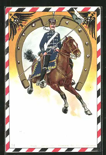AK Kavallerist bei einem Ritt mit Flagge auf dem Pferd, Hufeisen und Wappenadler