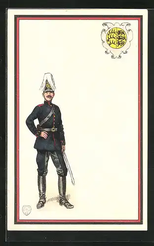 AK Soldat in Uniform mit Paradebusch-Pickelhaube, Regimentswappen