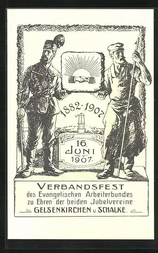 AK Gelsenkirchen, Verbandsfest des Evang. Arbeiterbundes 1907, Soldat und Arbeiter