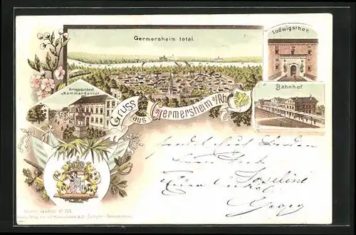 Lithographie Germersheim a/Rhein, Gesamtansicht, Kriegerdenkmal & Kommandantur, Ludwigstor & Bahnhof