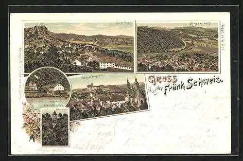 Lithographie Gössweinstein /Fränk. Schweiz, Panorama, Stempfermühle & Gailenreuth