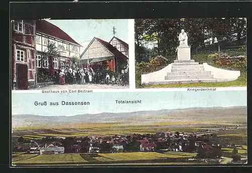 AK Dassensen, Kriegerdenkmal, Gasthaus von Carl Bertram & Totalansicht