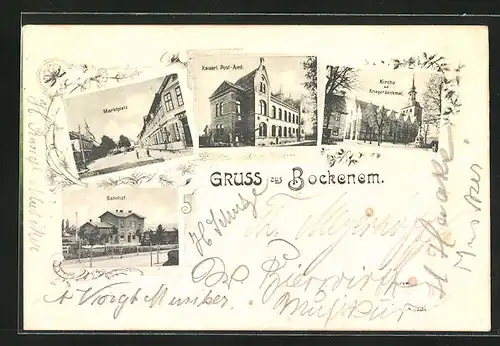 AK Bockenem, Marktplatz, Kaiserl. Postamt, Kirche mit Kriegerdenkmal & Bahnhof