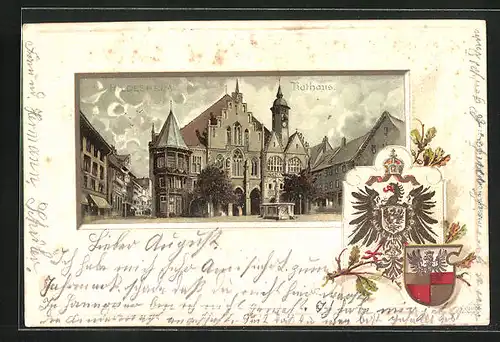 Passepartout-Lithographie Hildesheim, Brunnen vor dem Rathaus & Wappen