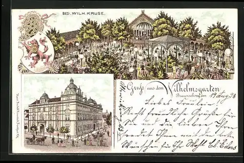 Lithographie Braunschweig, Besucher im Wilhelmsgarten, Wappen
