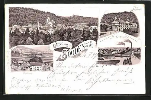 Lithographie Sooden a.d. W., Panorama, Kurhaus, Alter Salzbrunnen & Aussenseite des Tores