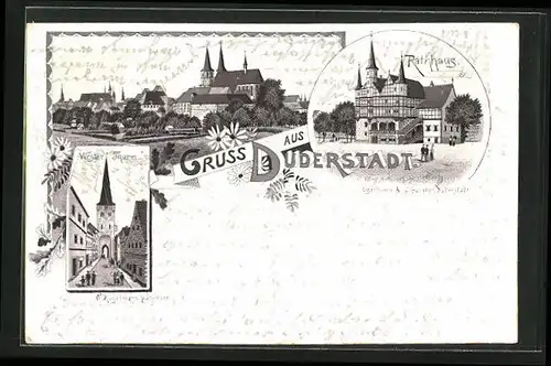 Lithographie Duderstadt, Westerturm, Rathaus & Panorama