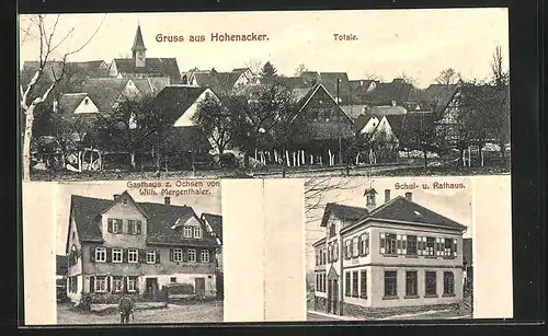 AK Hohenacker, Totalansicht, Gasthaus z. Ochsen, Schulhaus und Rathaus