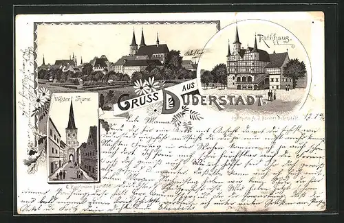 Lithographie Duderstadt, Westerturm, Rathaus & Gesamtansicht