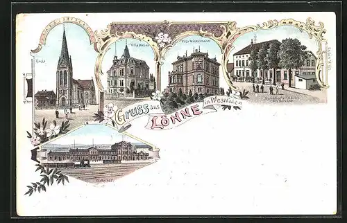 Lithographie Löhne / Westf., Bahnhofshotel Chr. Busche, Villen Meier & Winkelmann, Bahnhof und Kirche