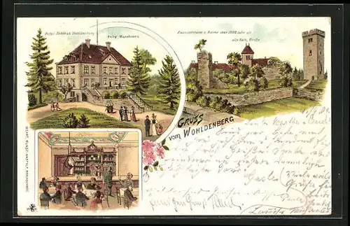 Lithographie Holle / Niedersachsen, Hotel Schloss Wohldenberg, Inh. Fritz Marahrens, Aussichtsturm
