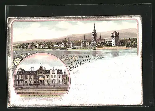 Lithographie Eltville / Rhein, Hotel Reisenbach, Gesamtansicht