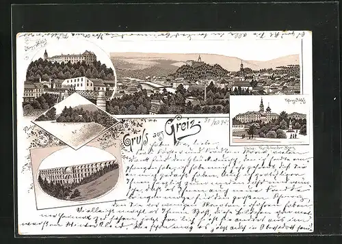 Vorläufer-Lithographie Greiz i. V., 1895, Eisenbahnviadukt, Oberes & Unteres Schloss, Gesamtansicht