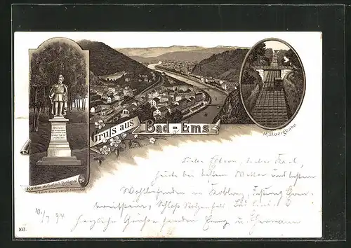 Vorläufer-Lithographie Bad Ems, 1894, Malbergbahn, Kaiser Wilhelm I. Denkmal und Totalansicht