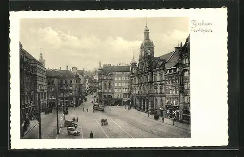 AK Pforzheim, Marktplatz, Strassenbahn, Rathaus